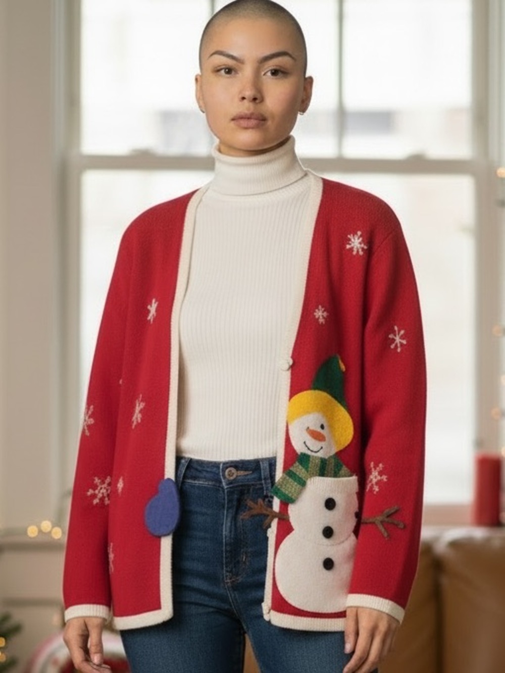 90s HAMPSHIRE STUDIO SNOW RED & WHITE APPLIQUES HOLIDAY SNOWMAN CARDIGAN SZ XL